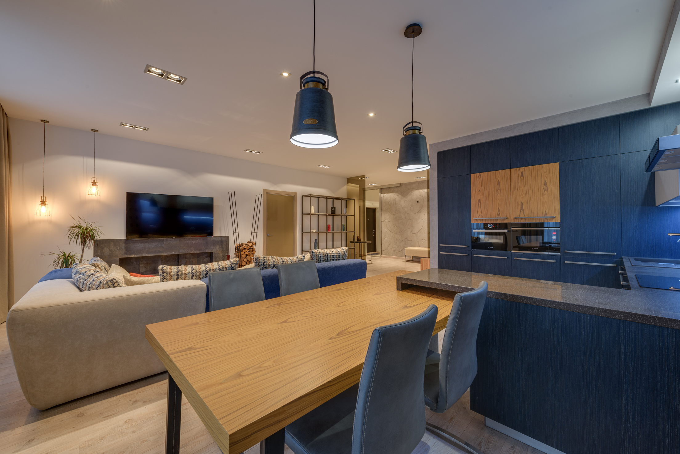 Spacious living room with kitchen